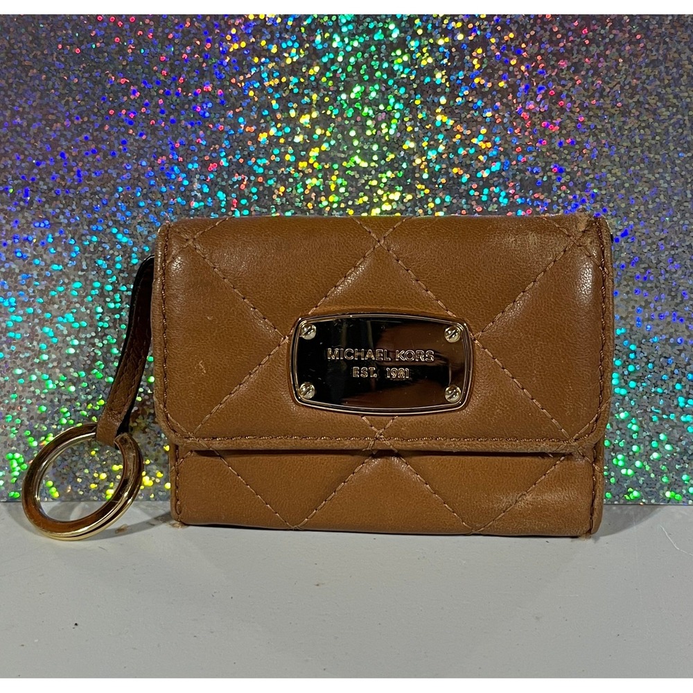 Michael Kors Brown Quilted Leather Card Holder Wallet Key Ring ID Window
